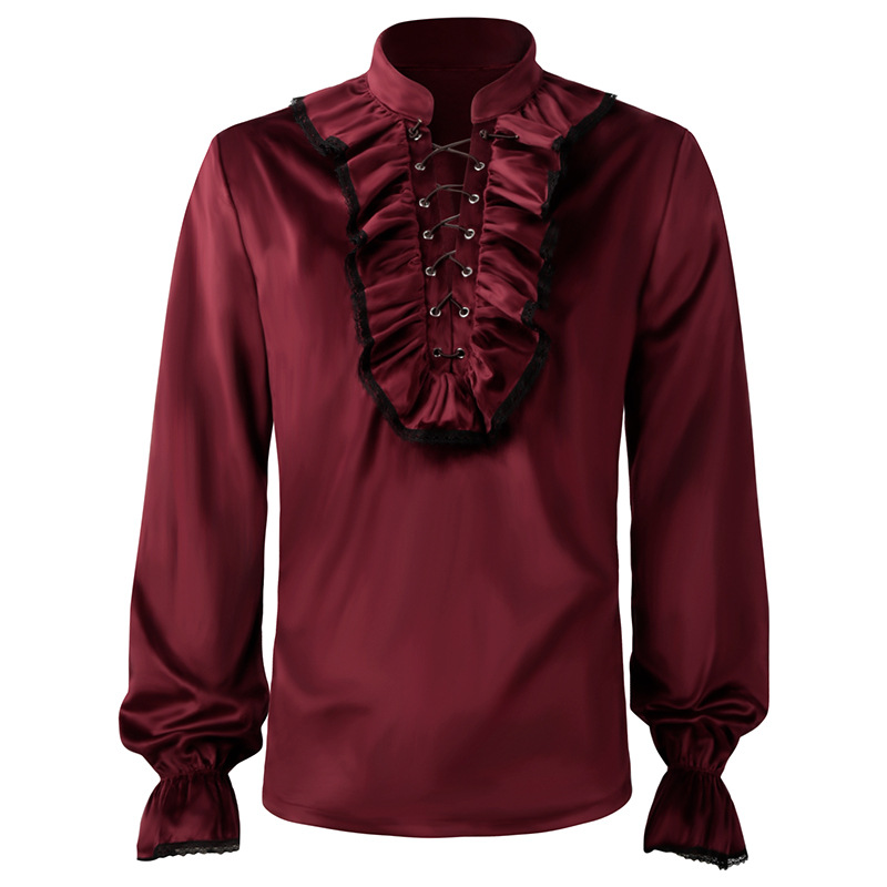 Red Lace Up Ruffles Lantern Sl - Medieval Gothic Lace Up Pirate Shirt review and price
