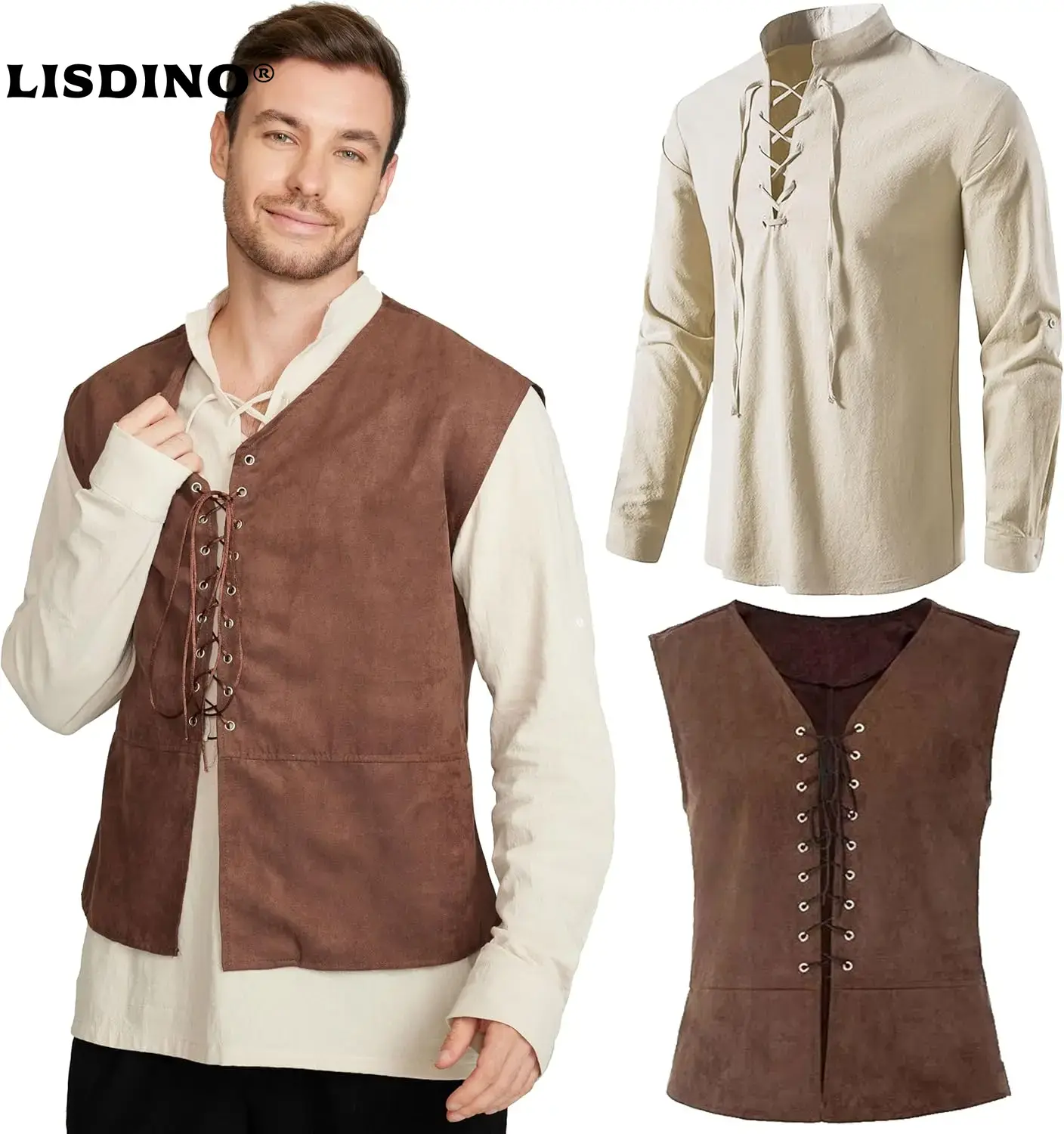 2-piece Set Men's Medieval Pir - Medieval Gothic Lace Up Pirate Shirt review and price